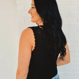 Floral Embroidery Front Tie Crochet Vest - Black