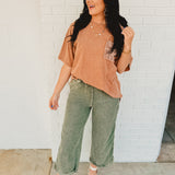 Short Sleeved Mineral Washed Oversized Top - Wood