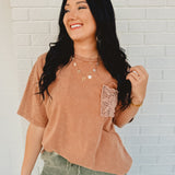 Short Sleeved Mineral Washed Oversized Top - Wood