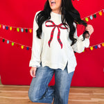 Holiday Plaid Bow Waffle Knit Pullover - Ivory - Lace and Grace Boutique