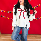 Holiday Plaid Bow Waffle Knit Pullover - Ivory - Lace and Grace Boutique