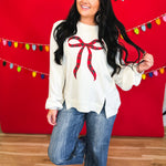 Holiday Plaid Bow Waffle Knit Pullover - Ivory - Lace and Grace Boutique
