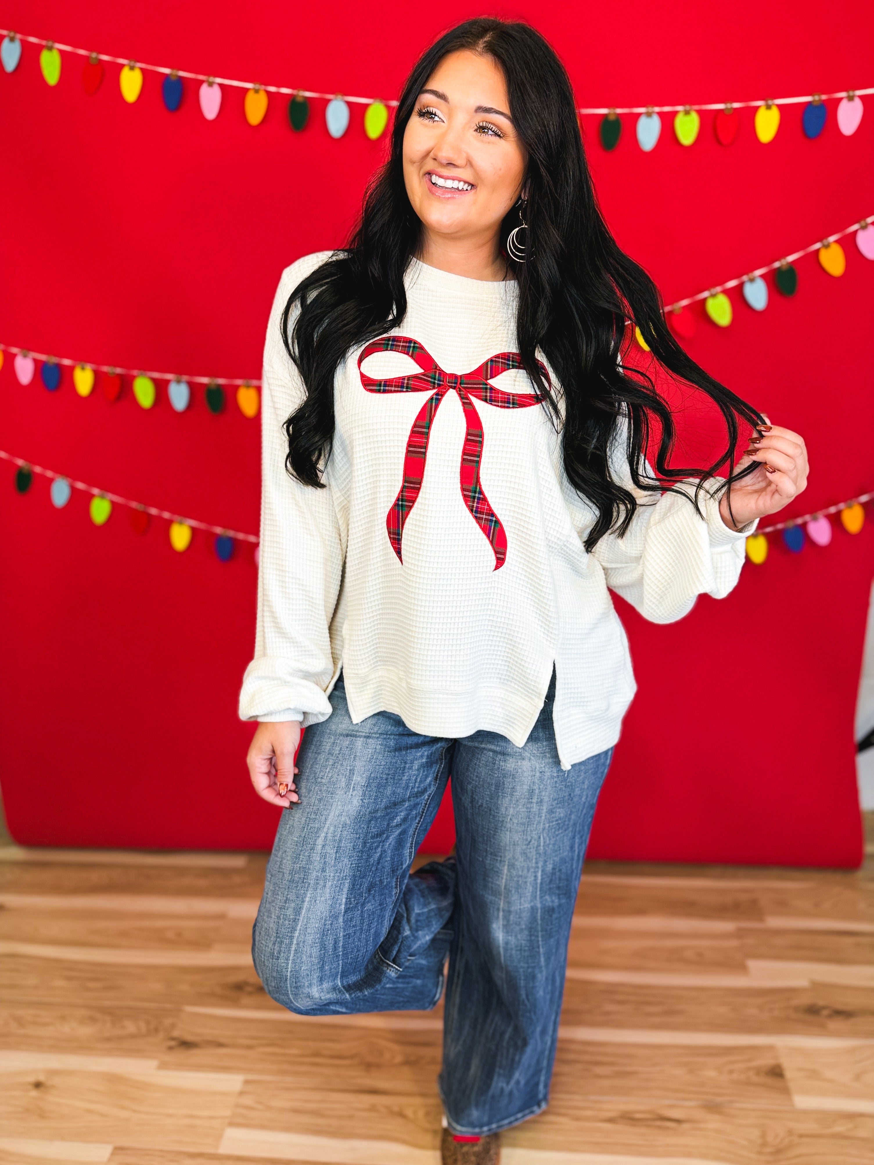 Holiday Plaid Bow Waffle Knit Pullover - Ivory - Lace and Grace Boutique