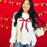 Holiday Plaid Bow Waffle Knit Pullover - Ivory - Lace and Grace Boutique