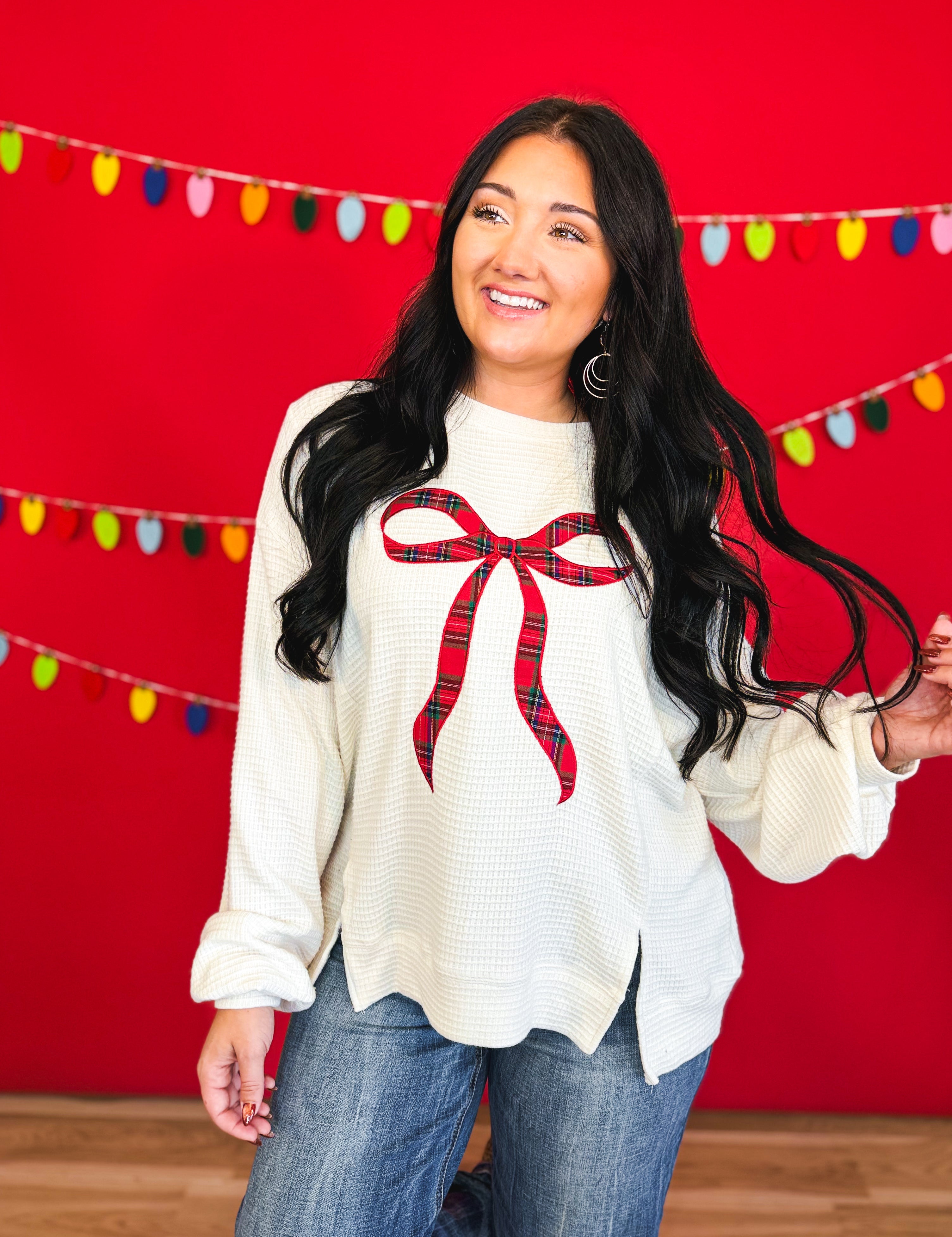 Holiday Plaid Bow Waffle Knit Pullover - Ivory - Lace and Grace Boutique