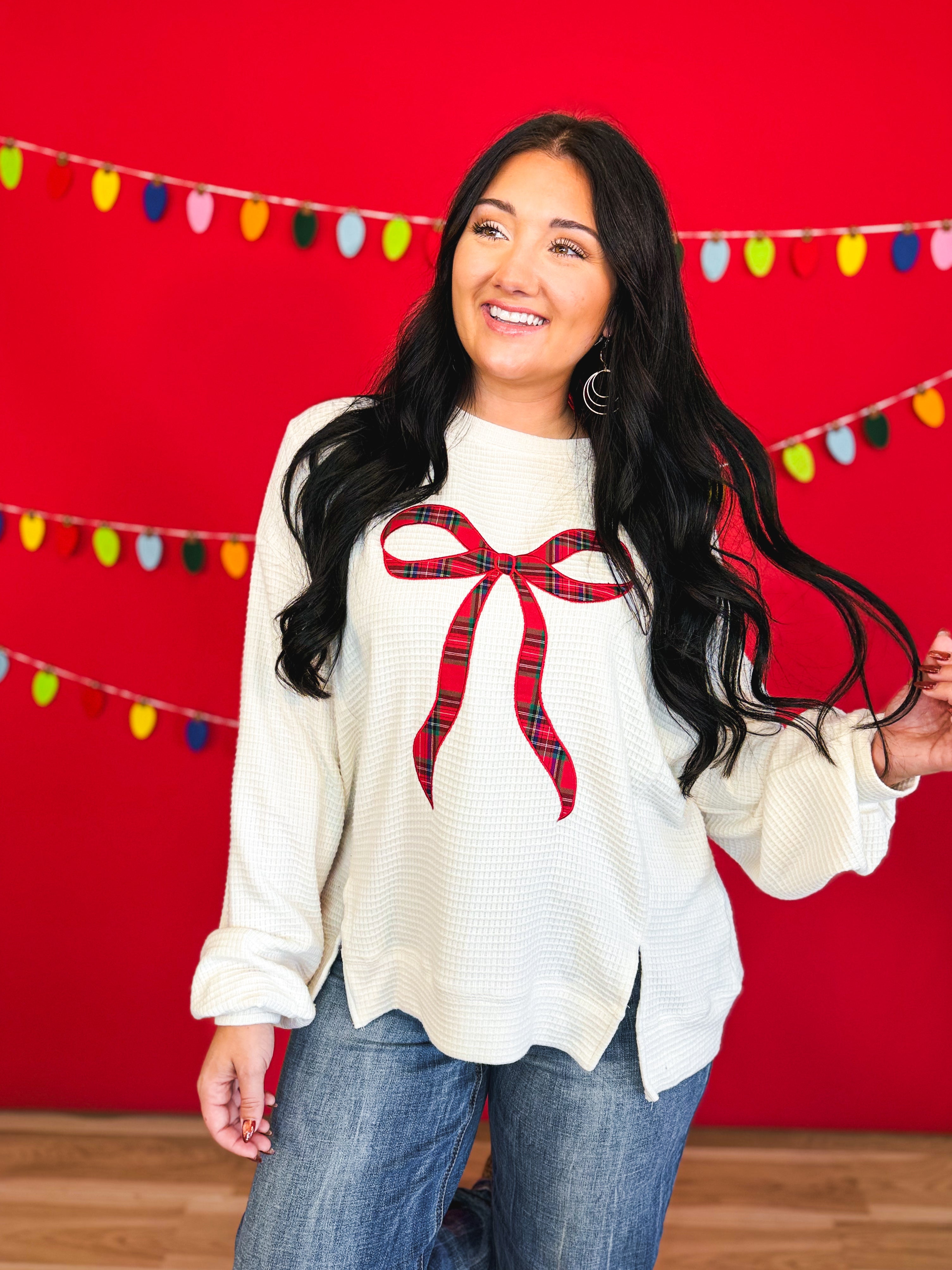 Holiday Plaid Bow Waffle Knit Pullover - Ivory - Lace and Grace Boutique