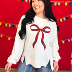 Holiday Plaid Bow Waffle Knit Pullover - Ivory - Lace and Grace Boutique