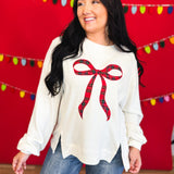 Holiday Plaid Bow Waffle Knit Pullover - Ivory - Lace and Grace Boutique