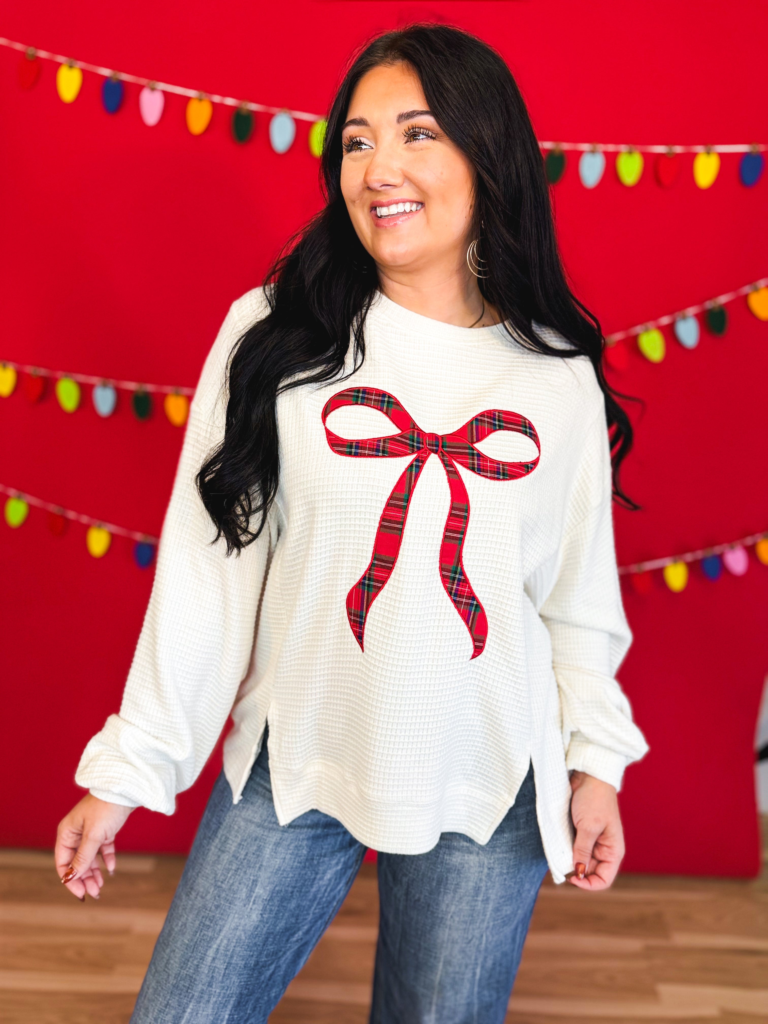 Holiday Plaid Bow Waffle Knit Pullover - Ivory - Lace and Grace Boutique