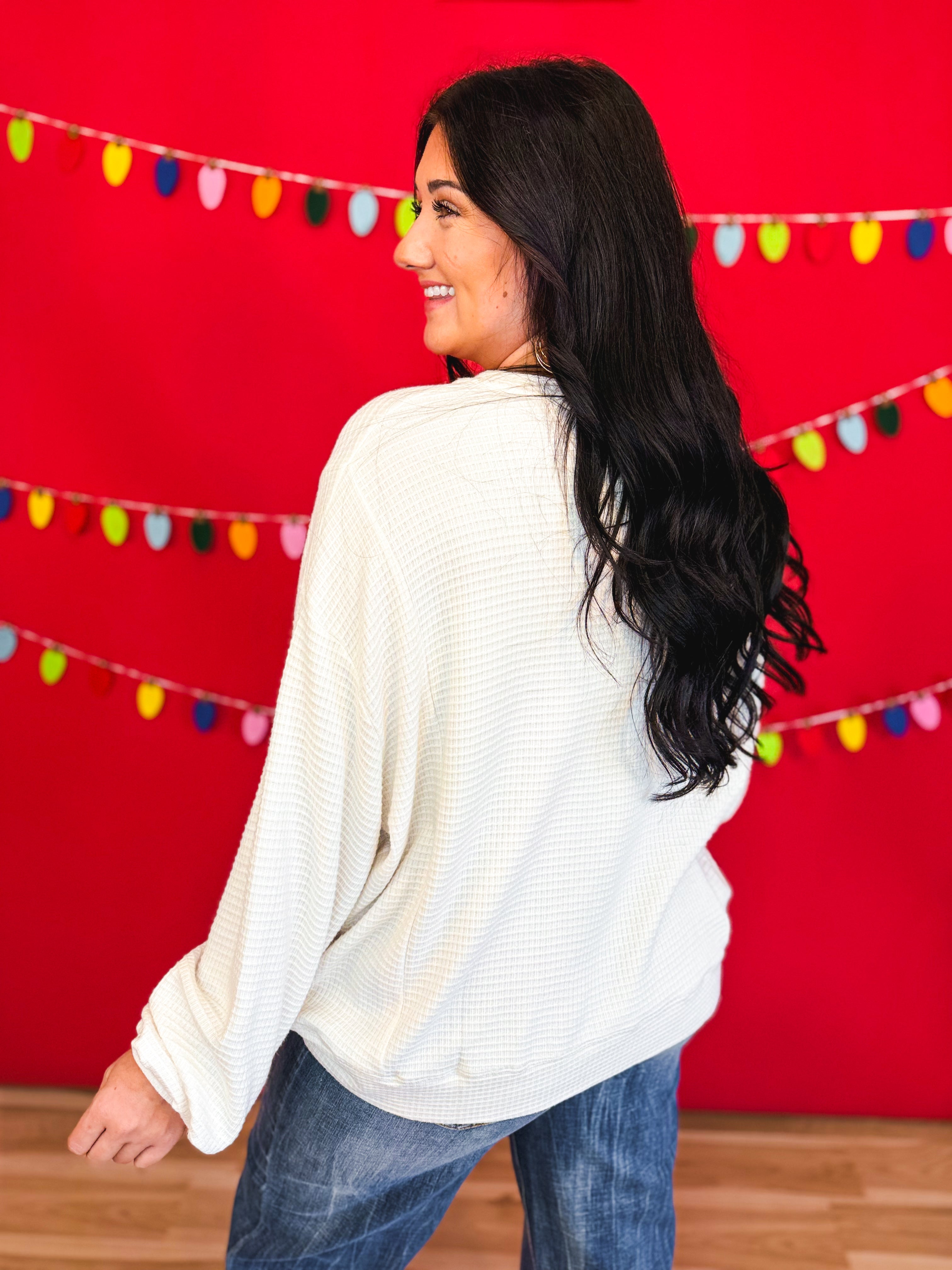 Holiday Plaid Bow Waffle Knit Pullover - Ivory - Lace and Grace Boutique
