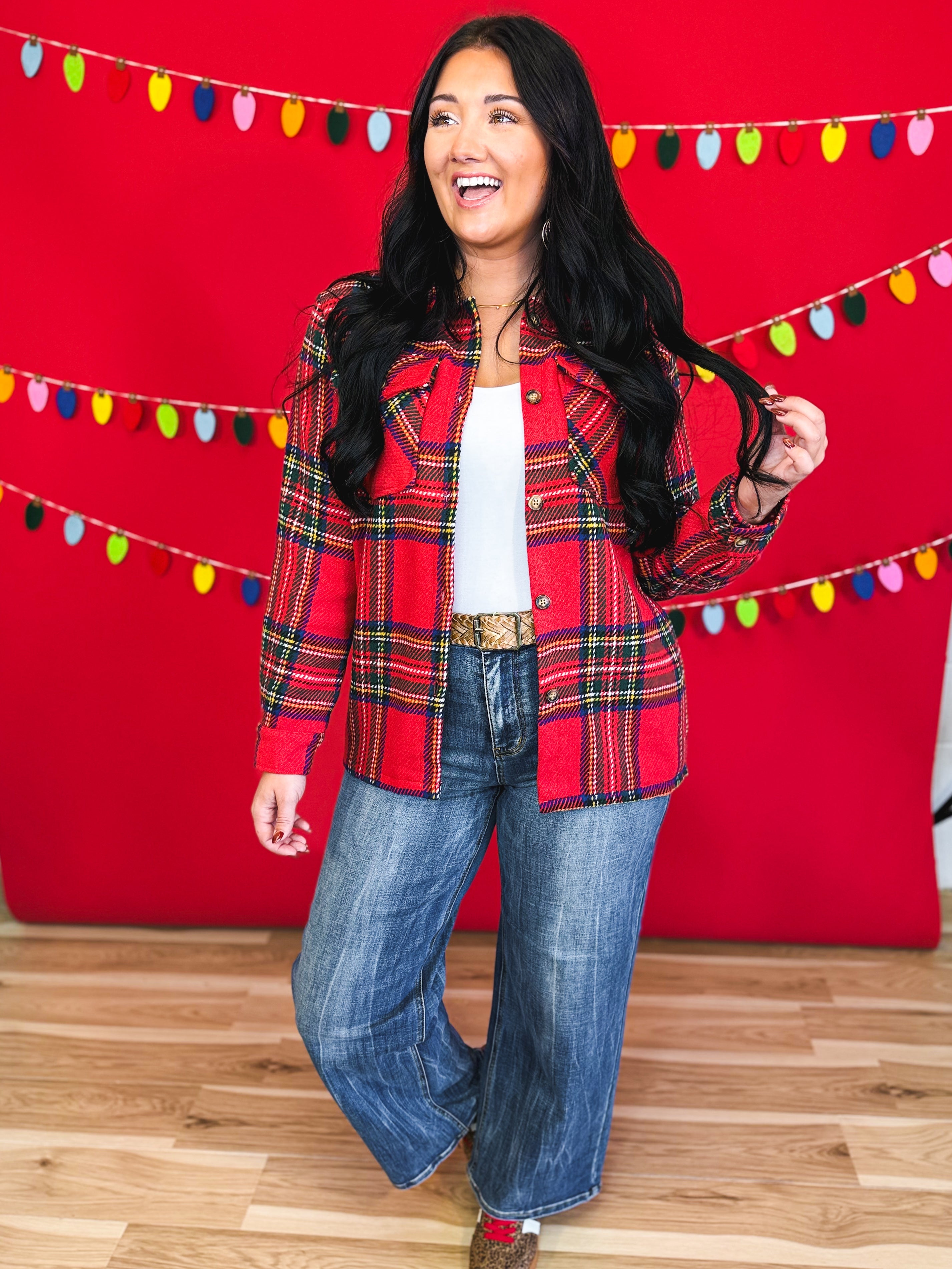 Plaid Print Button Up Knit Jacket - Red Multi - Lace and Grace Boutique