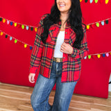Plaid Print Button Up Knit Jacket - Red Multi - Lace and Grace Boutique