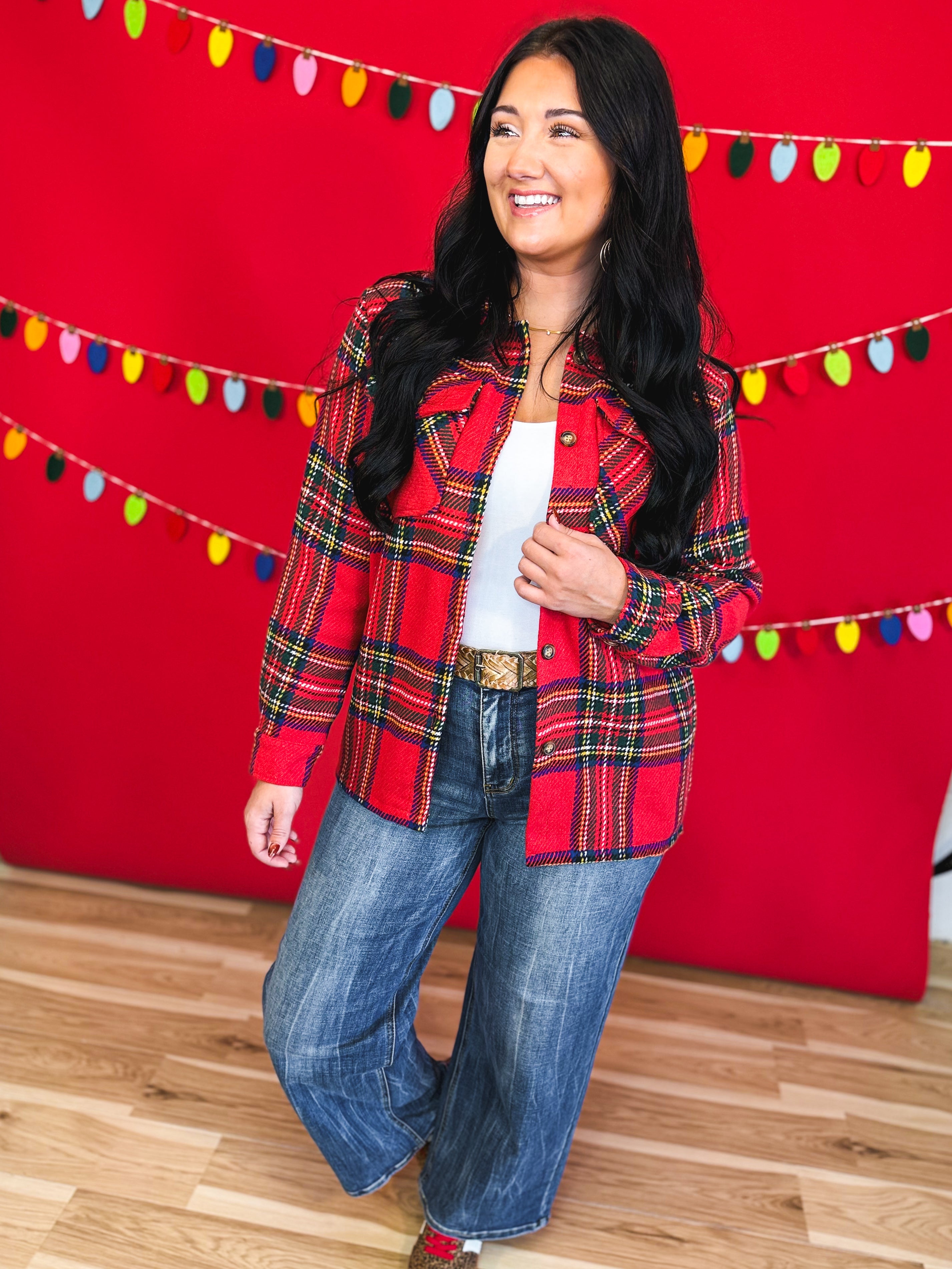 Plaid Print Button Up Knit Jacket - Red Multi - Lace and Grace Boutique