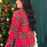 Plaid Print Button Up Knit Jacket - Red Multi - Lace and Grace Boutique
