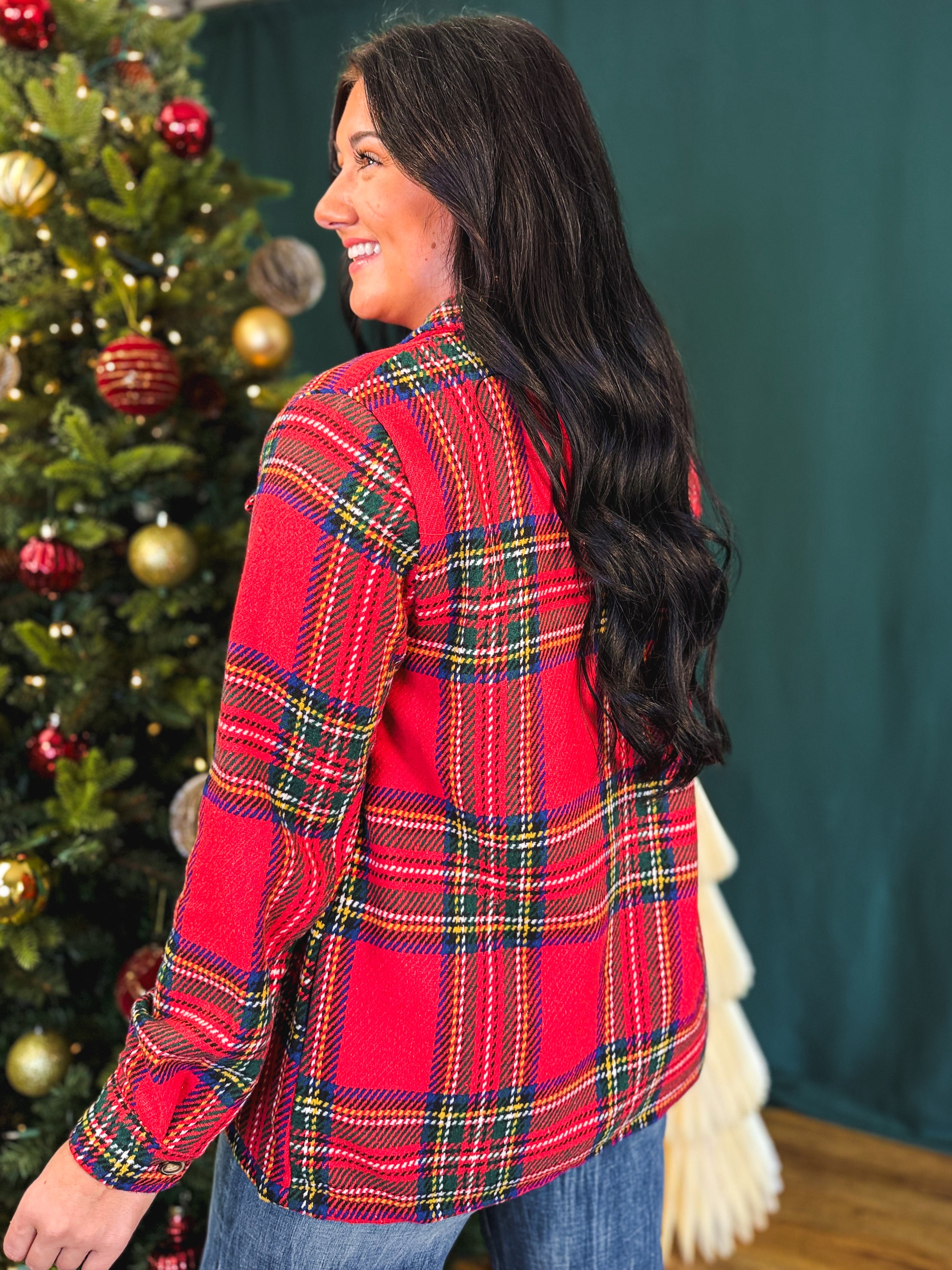 Plaid Print Button Up Knit Jacket - Red Multi - Lace and Grace Boutique