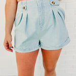 Pleated Light Denim Shorts - Lace and Grace Boutique