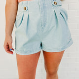 Pleated Light Denim Shorts - Lace and Grace Boutique