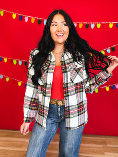 Plaid Print Button Up Knit Jacket - Ivory Multi - Lace and Grace Boutique