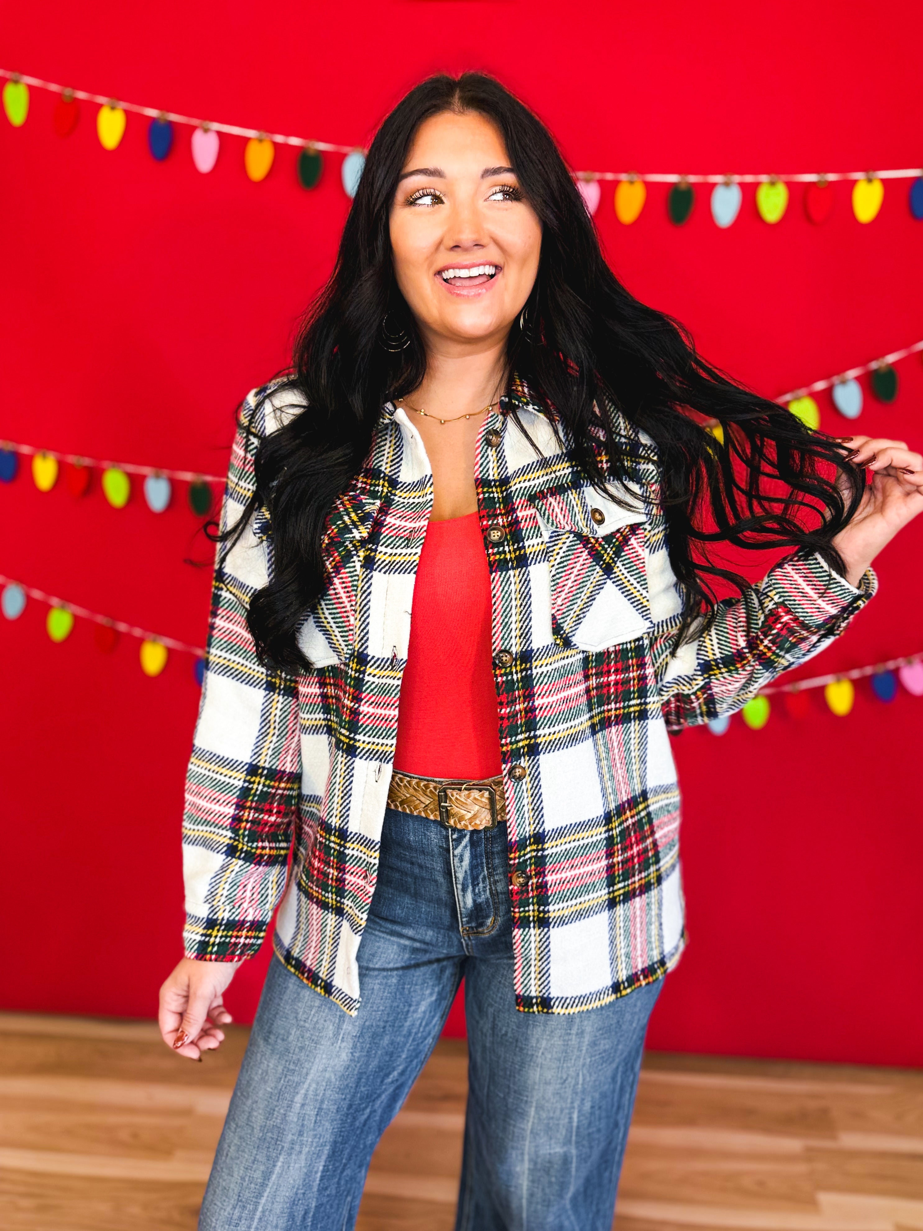 Plaid Print Button Up Knit Jacket - Ivory Multi - Lace and Grace Boutique