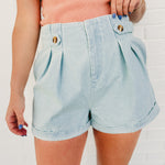 Pleated Light Denim Shorts - Lace and Grace Boutique