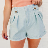 Pleated Light Denim Shorts - Lace and Grace Boutique