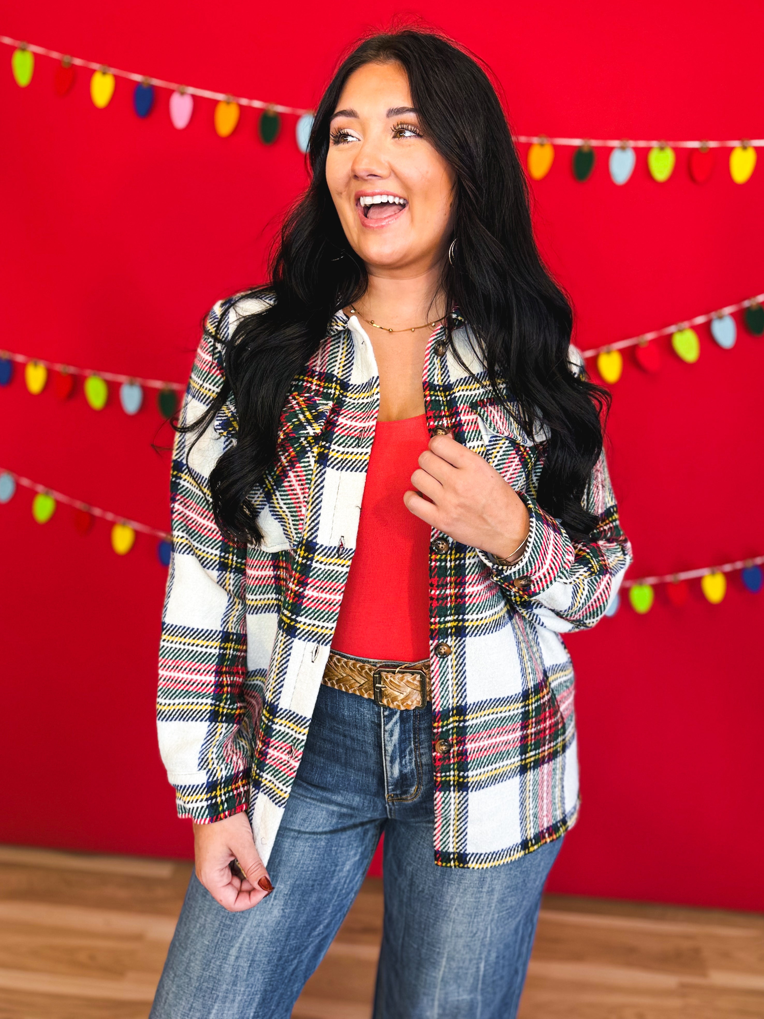 Plaid Print Button Up Knit Jacket - Ivory Multi - Lace and Grace Boutique