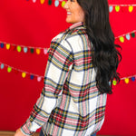 Plaid Print Button Up Knit Jacket - Ivory Multi - Lace and Grace Boutique