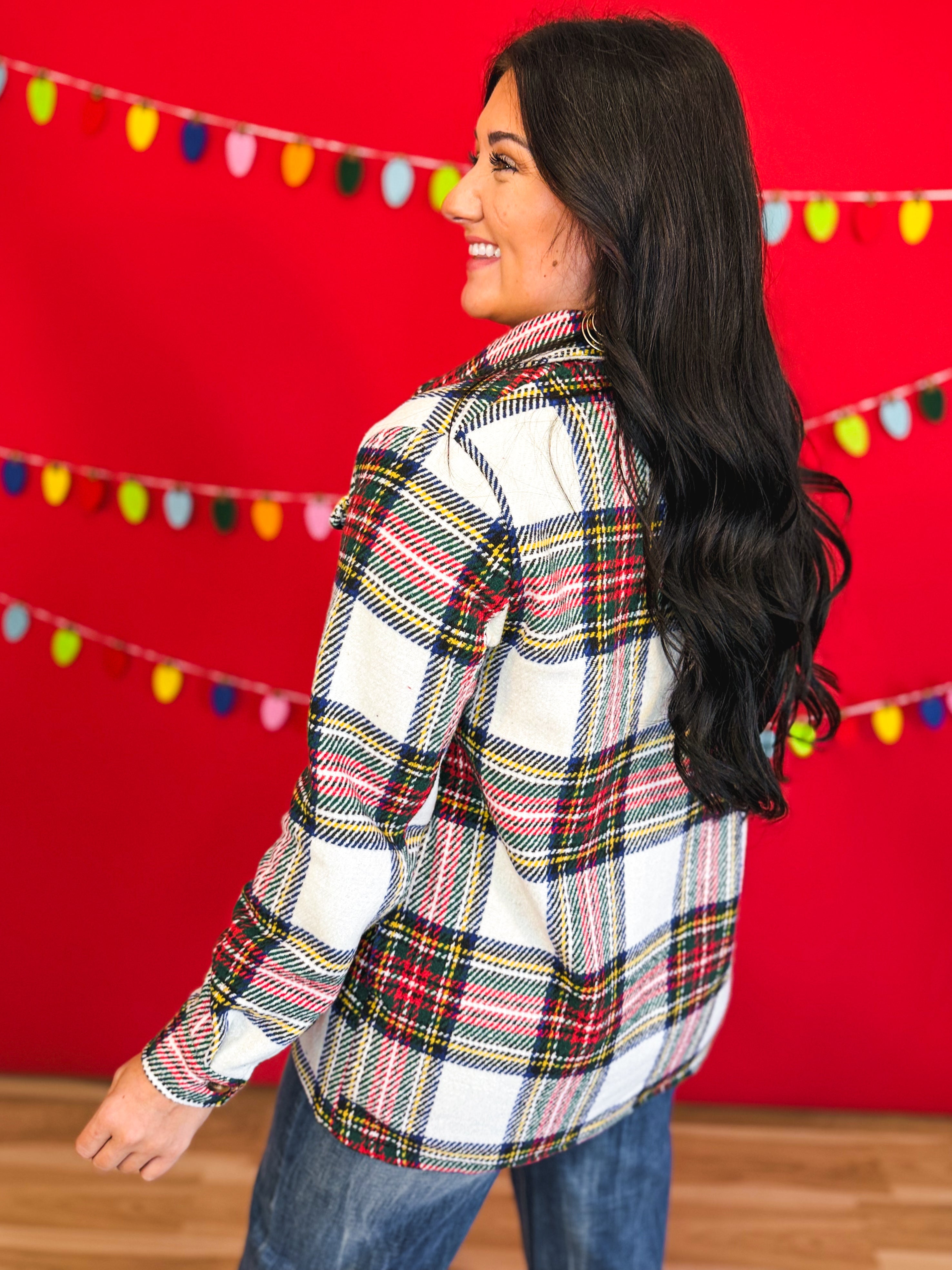 Plaid Print Button Up Knit Jacket - Ivory Multi - Lace and Grace Boutique