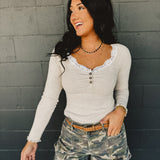 Lace Trimmed Ribbed Long Sleeve Top - Soft Taupe