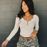 Lace Trimmed Ribbed Long Sleeve Top - Soft Taupe