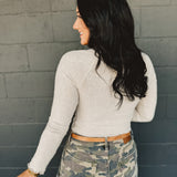 Lace Trimmed Ribbed Long Sleeve Top - Soft Taupe