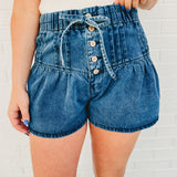 Pintuck Wide Leg Shorts - Dark Denim - Lace and Grace Boutique
