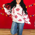 Candy Cane Speckled Knit Sweater - Off White/Red - Lace and Grace Boutique