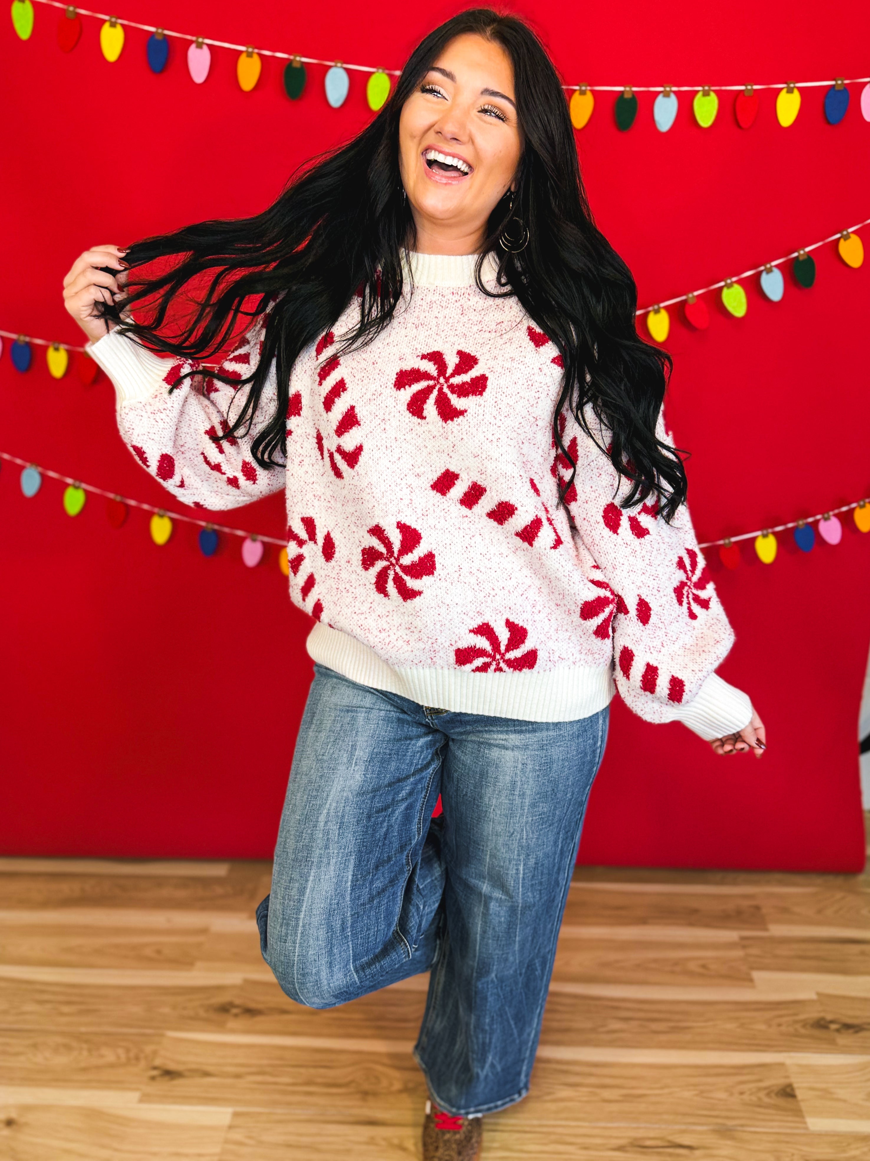 Candy Cane Speckled Knit Sweater - Off White/Red - Lace and Grace Boutique