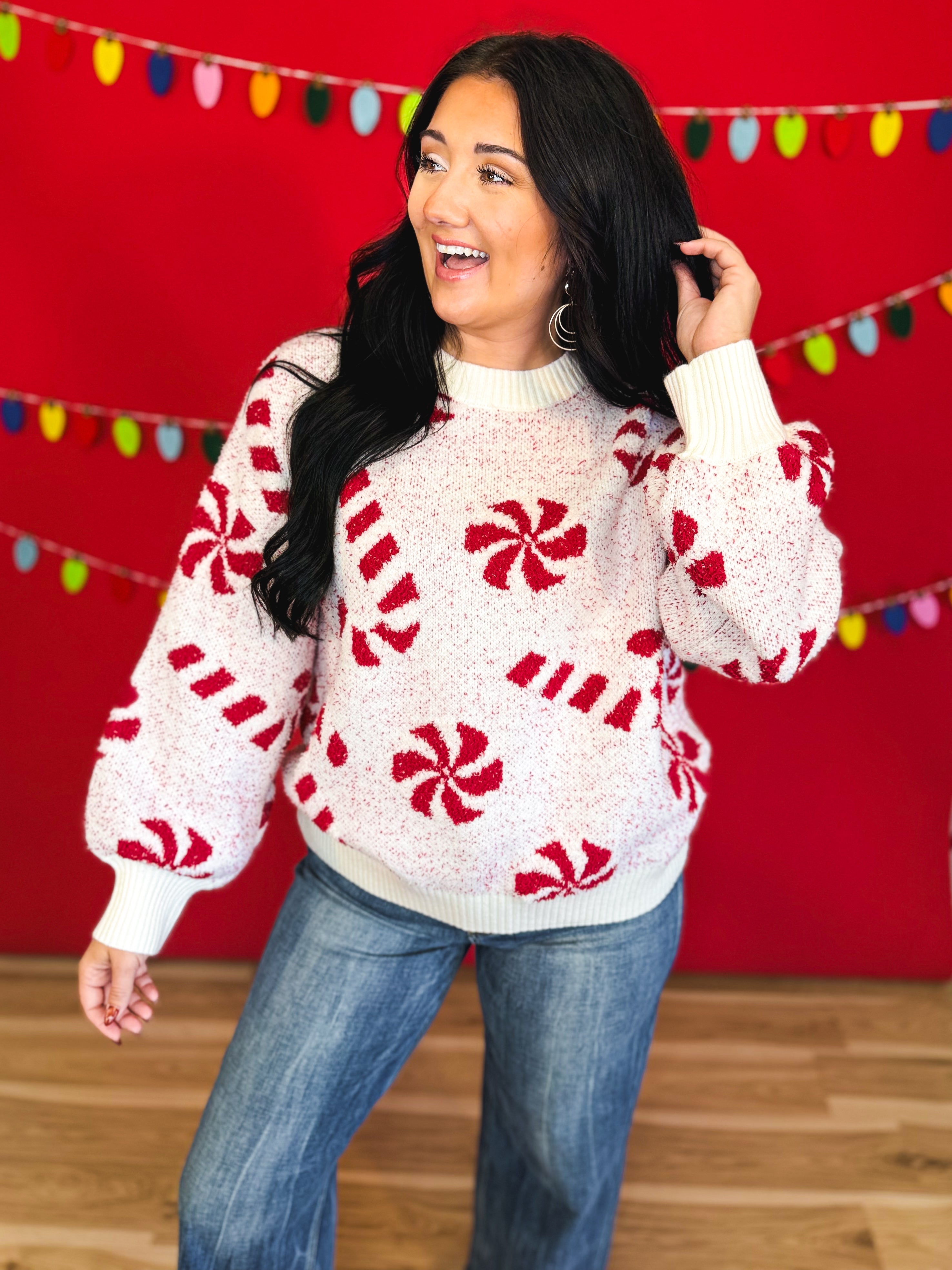 Candy Cane Speckled Knit Sweater - Off White/Red - Lace and Grace Boutique
