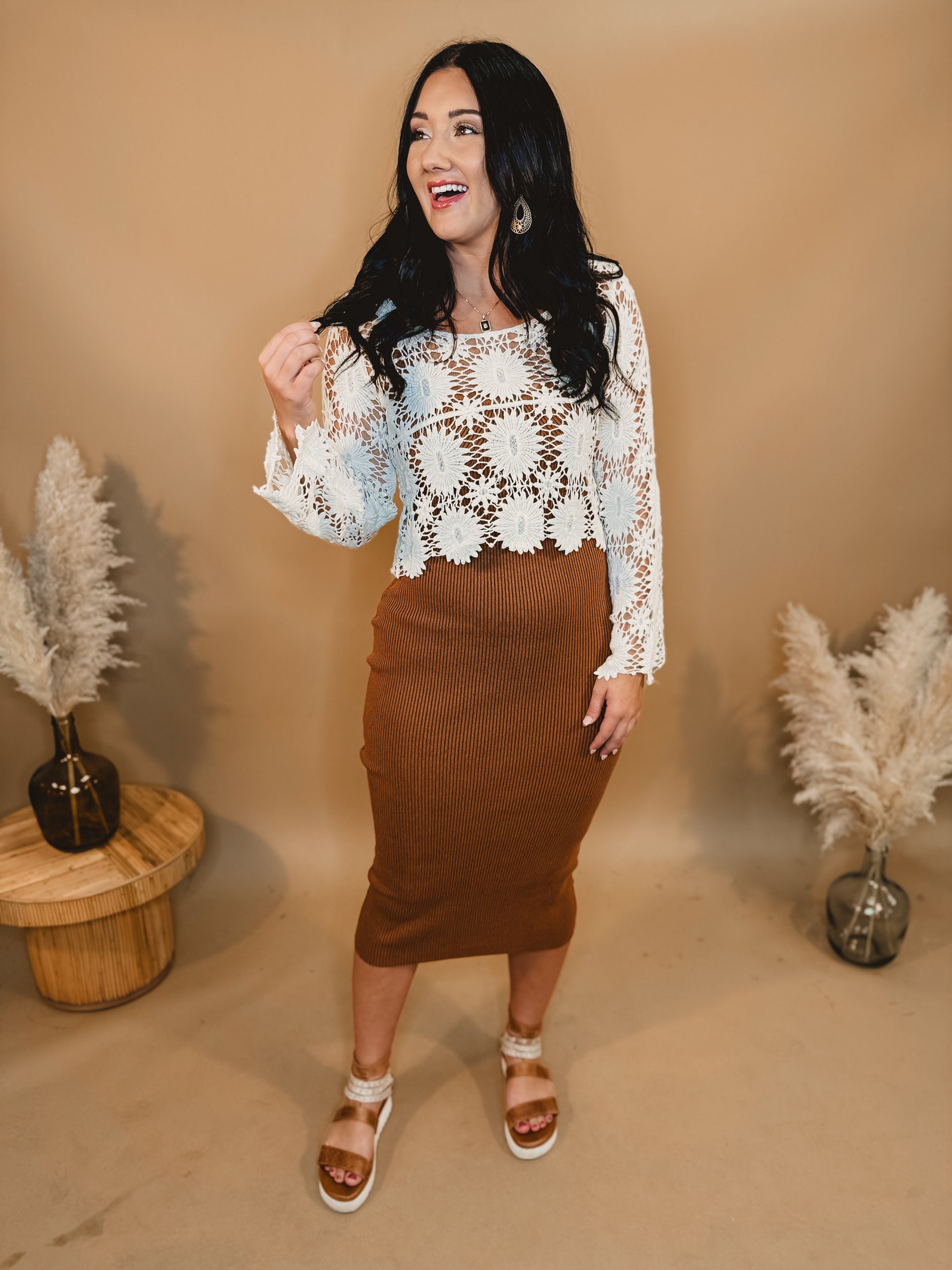 Scalloped Knit Tank Midi Dress - Caramel - Lace and Grace Boutique