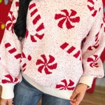 Candy Cane Speckled Knit Sweater - Off White/Red - Lace and Grace Boutique