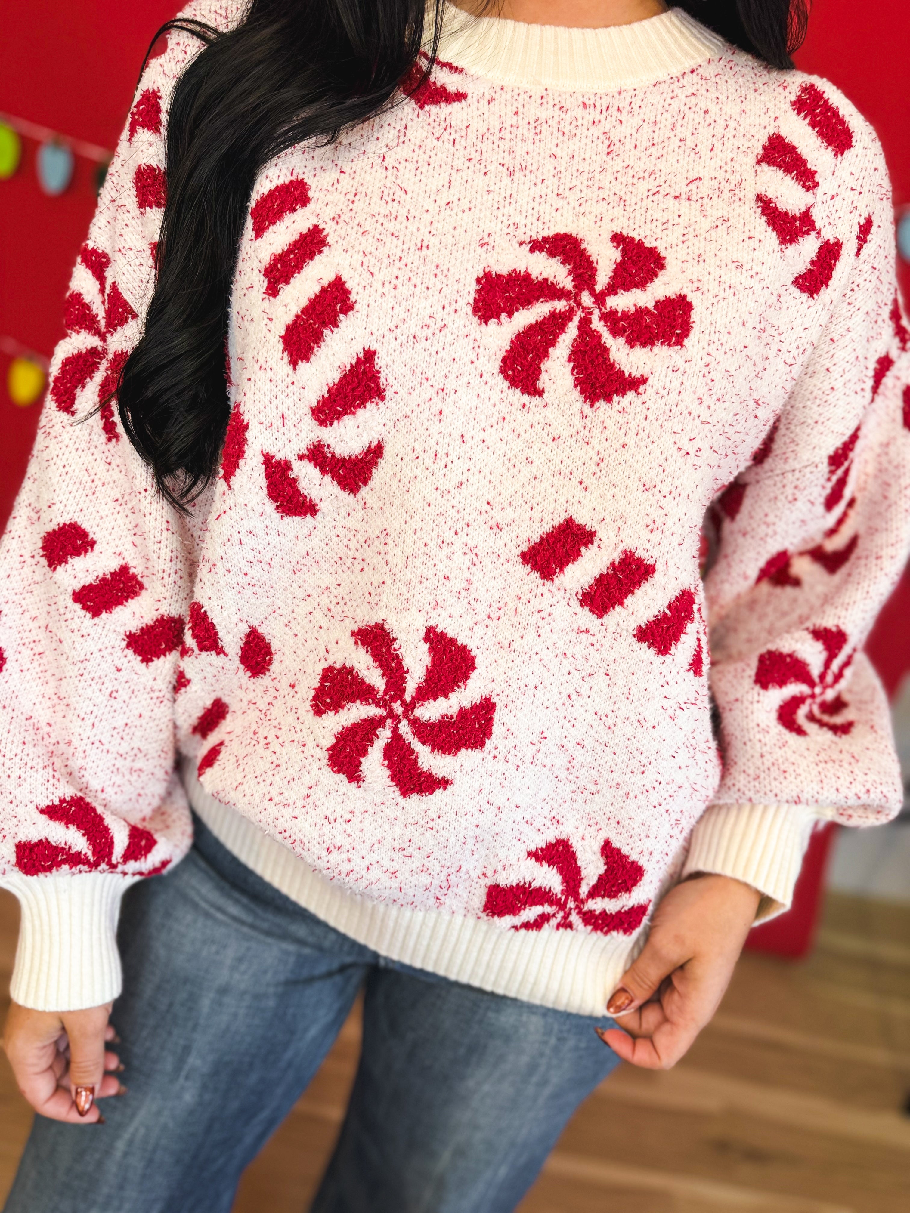 Candy Cane Speckled Knit Sweater - Off White/Red - Lace and Grace Boutique