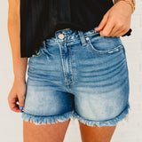 Mid Rise Raw Frayed Hem Denim Shorts - Medium Wash