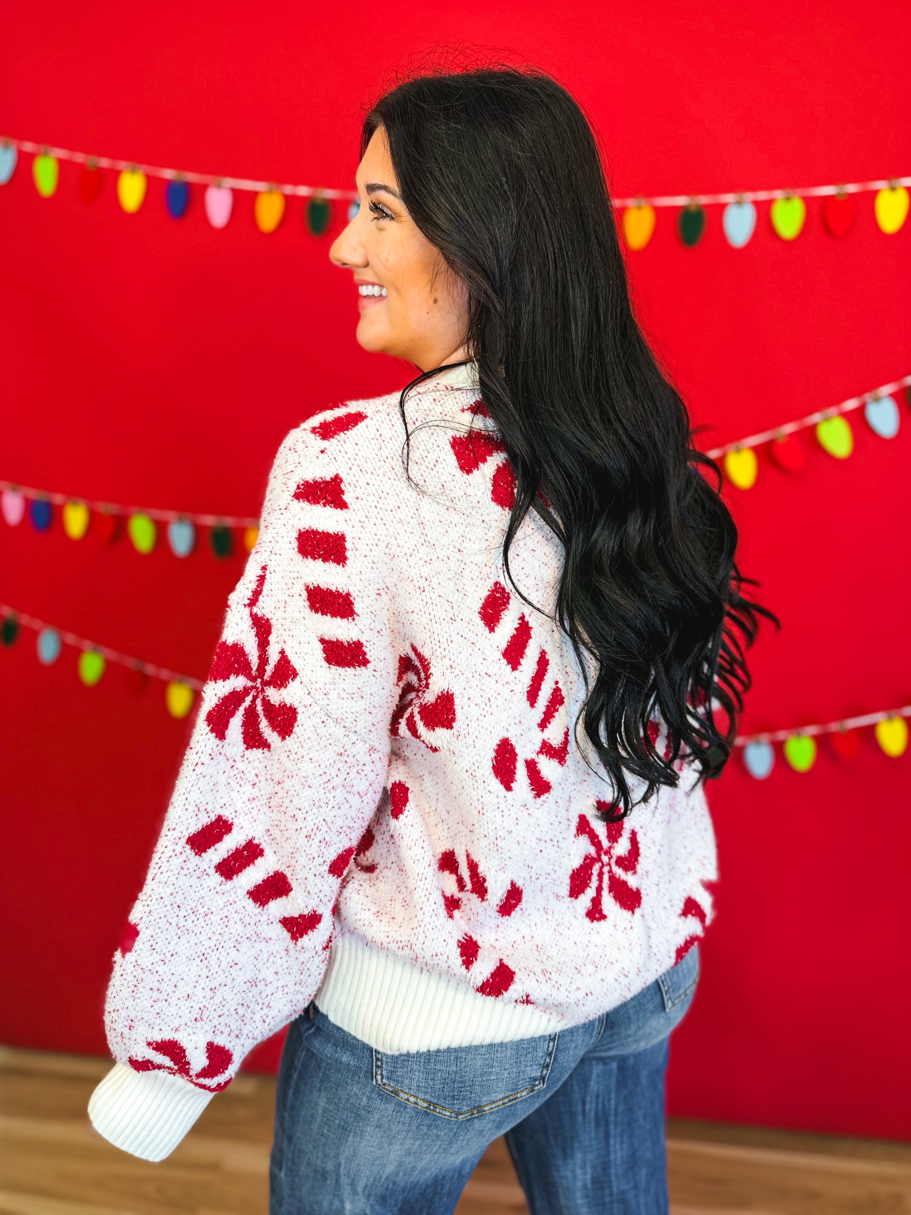 Candy Cane Speckled Knit Sweater - Off White/Red - Lace and Grace Boutique
