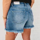 Mid Rise Raw Frayed Hem Denim Shorts - Medium Wash