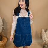 Denim Overall Mini Dress - Medium Wash - Lace and Grace Boutique