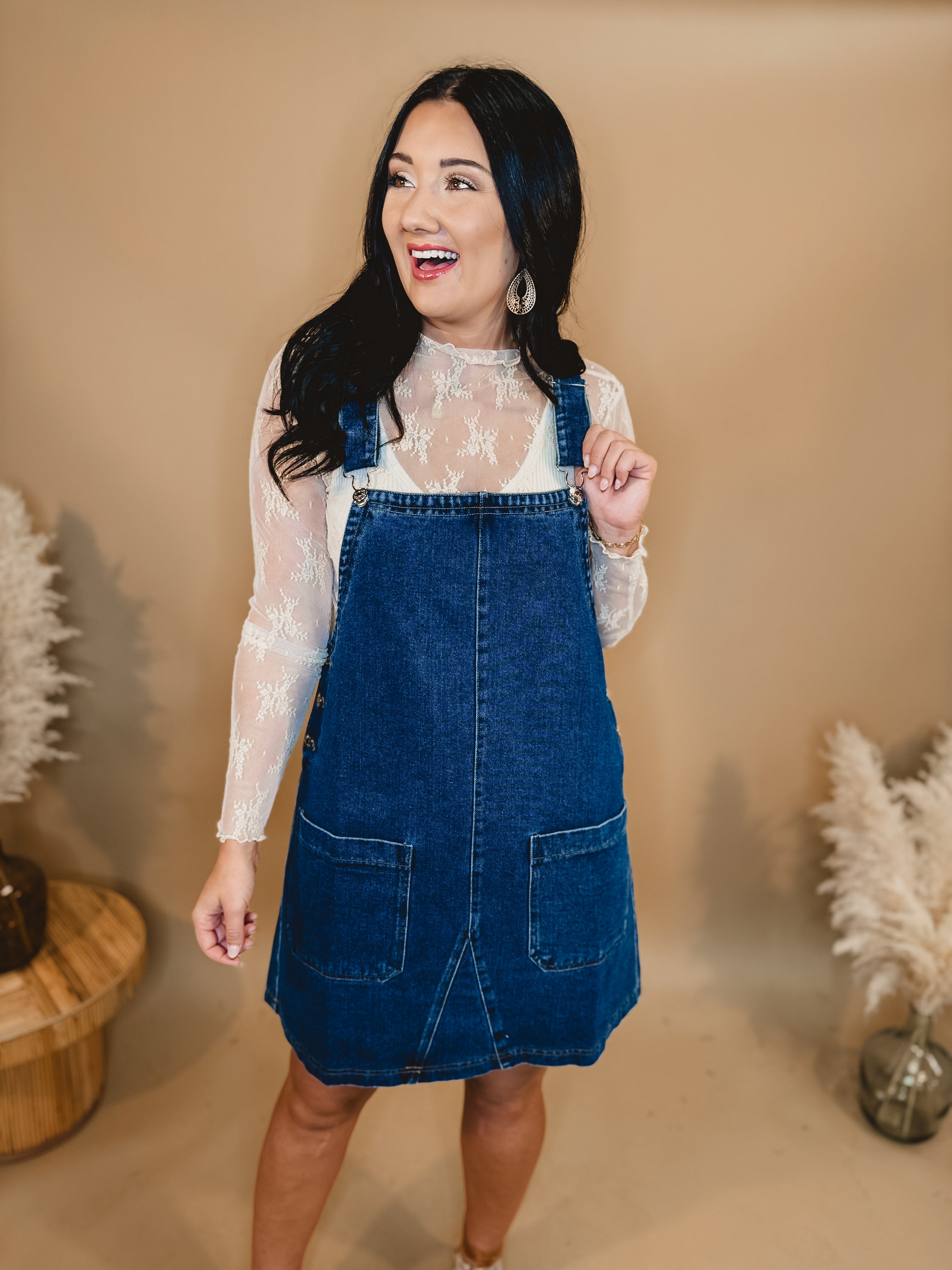 Denim Overall Mini Dress - Medium Wash - Lace and Grace Boutique