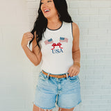 American Flag & Bow Embroidered Tank - Ivory/Navy