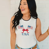 American Flag & Bow Embroidered Tank - Ivory/Navy