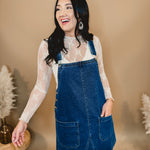 Denim Overall Mini Dress - Medium Wash - Lace and Grace Boutique
