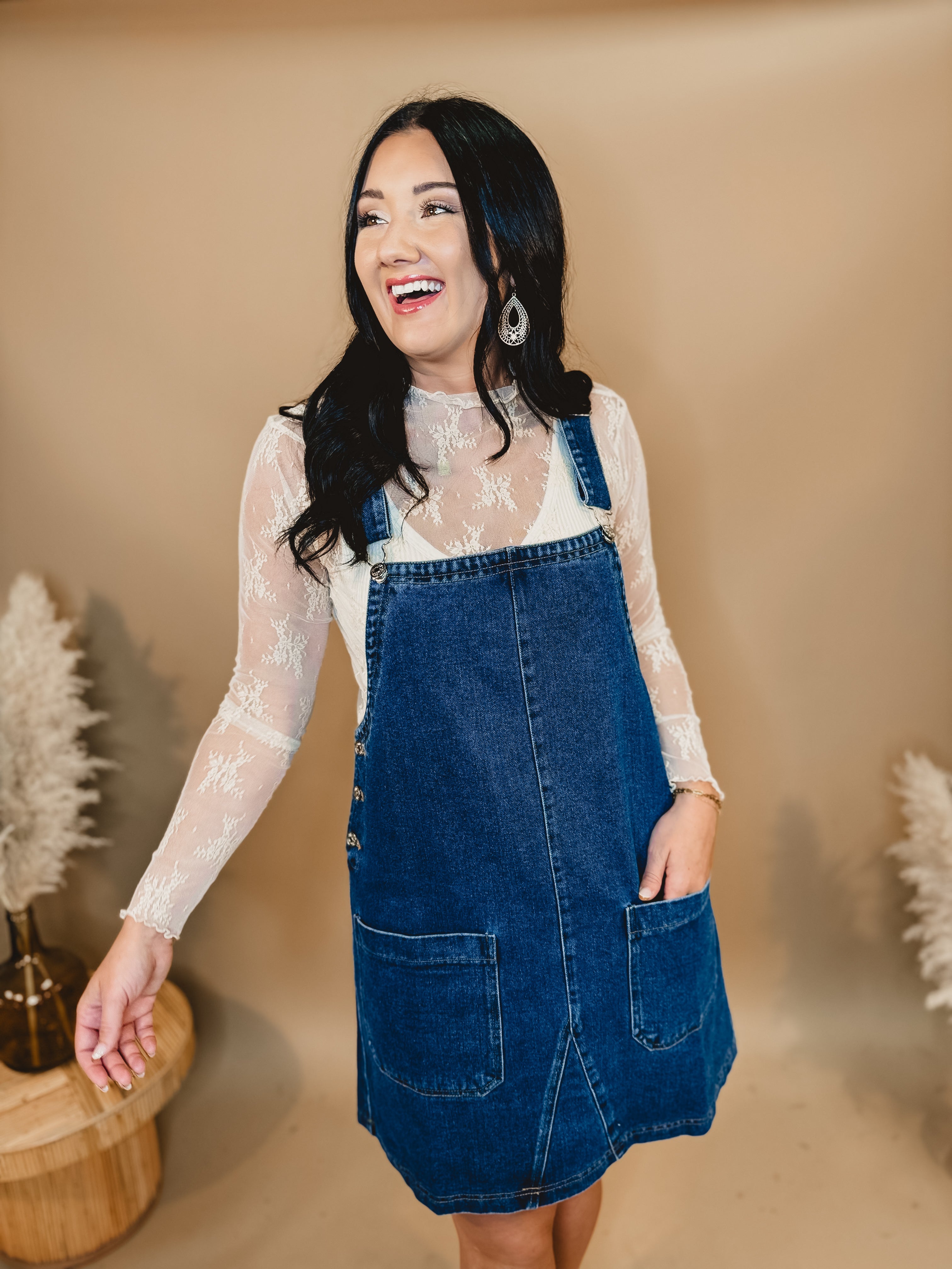 Denim Overall Mini Dress - Medium Wash - Lace and Grace Boutique