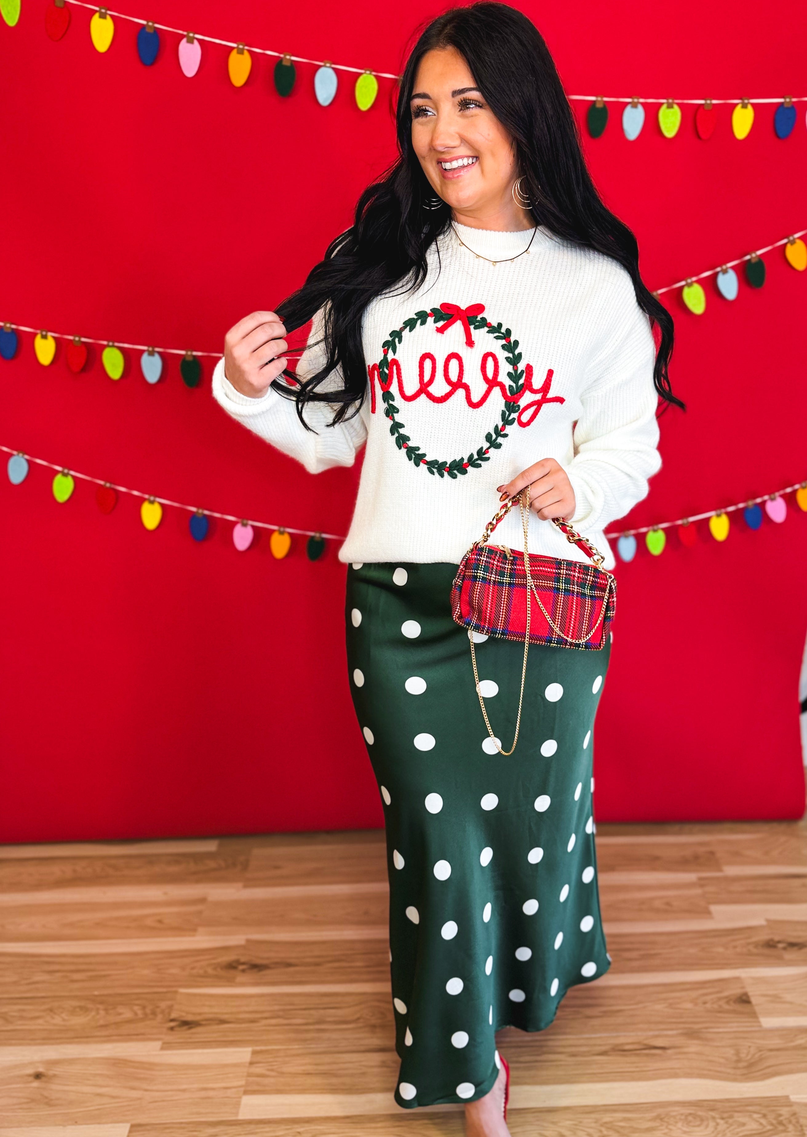 Merry Wreath Knit Sweater - White - Lace and Grace Boutique