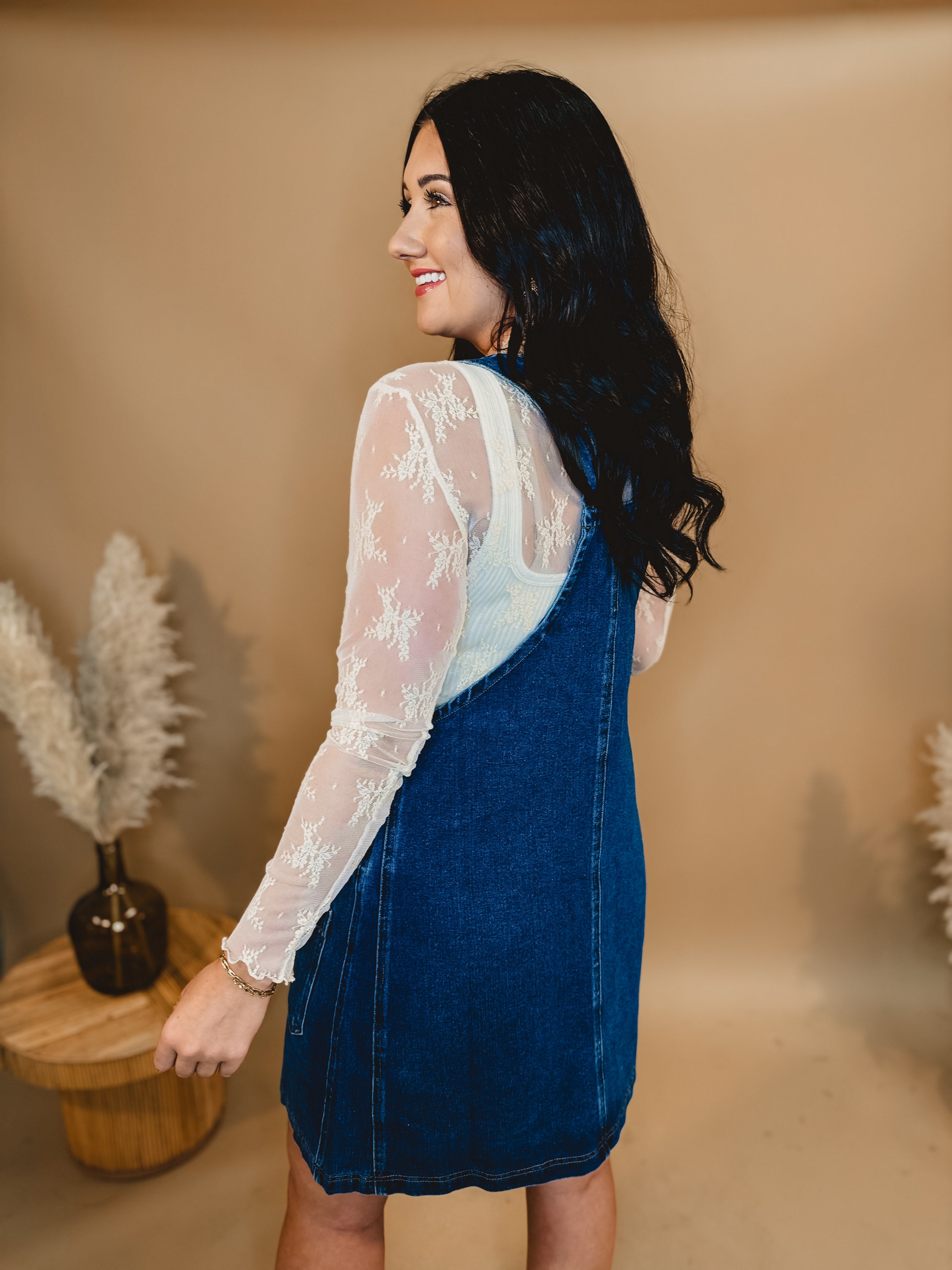 Denim Overall Mini Dress - Medium Wash - Lace and Grace Boutique