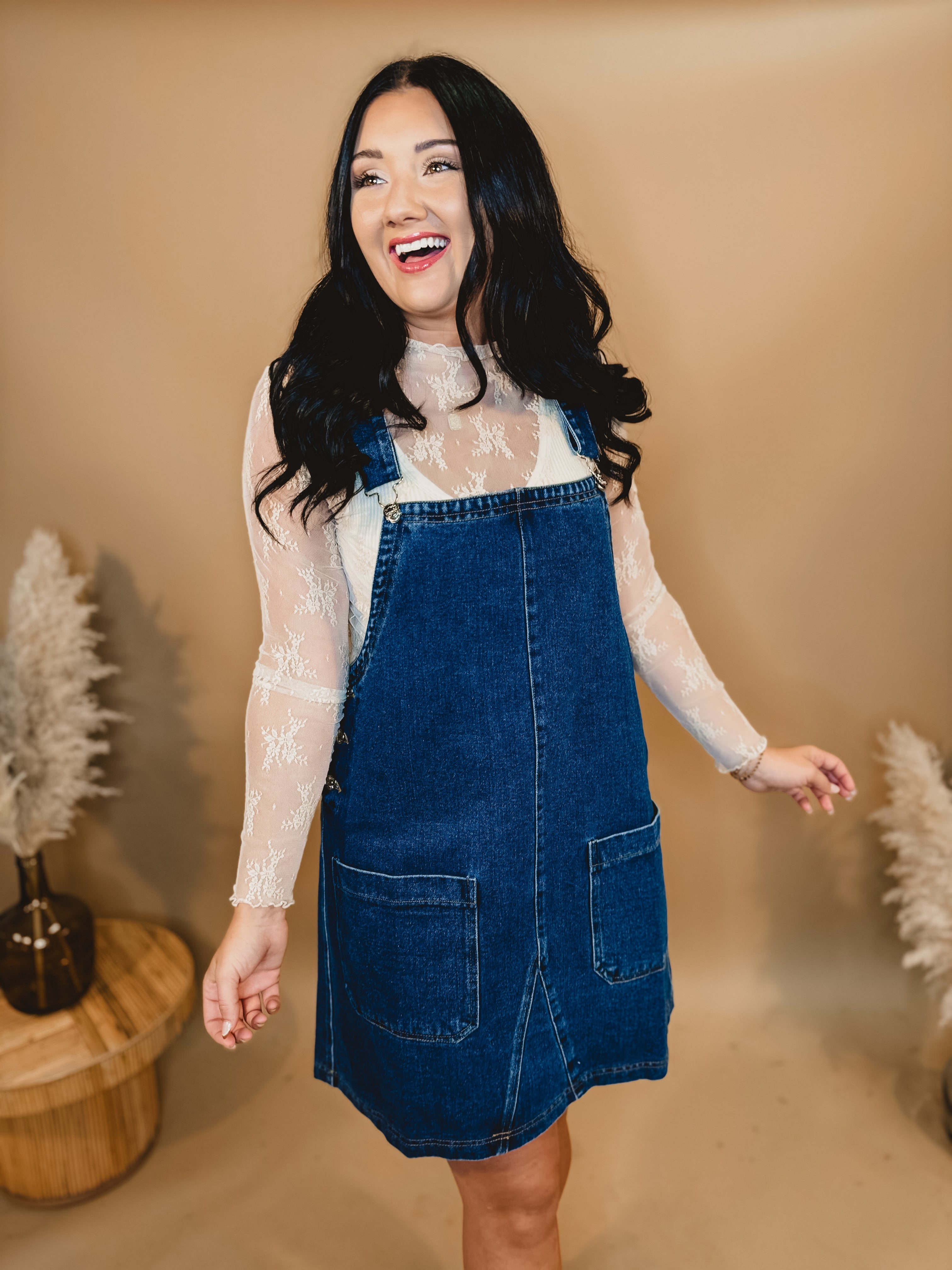 Denim Overall Mini Dress - Medium Wash - Lace and Grace Boutique